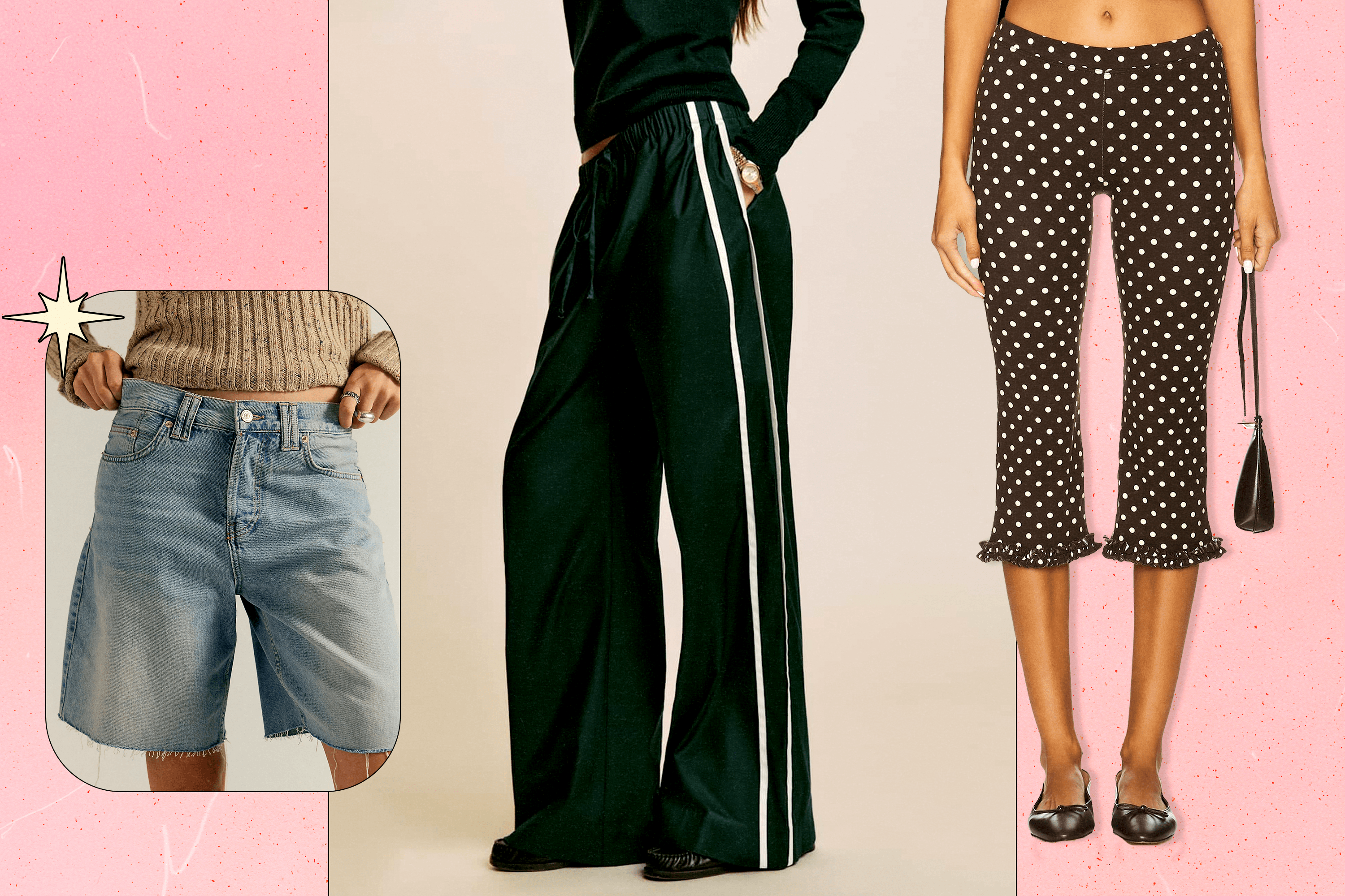 Left to Right: a model wearing We The Free jorts in a light-medium wash with a distressed hem; a model wearing Reformation dark green track pants with two off-white stripes down the side; a model wearing Rat Boi brown and white polka dot capri pants with a ruffled hem.