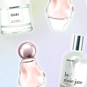 A collage of perfume bottles from fine'ry, Ouai, Kylie Cosmetics, By Rosie Jane, and PHLUR.