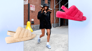 A picture of Hailey Bieber walking in New York City in September 2021 while wearing light blue UGG Fluff Yeah Sandals, next to two new UGG Fluff Yeah spring 2026 colorways