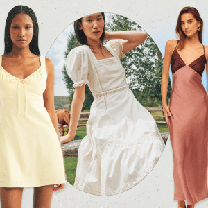 A collage of three models wearing Abercrombie spring 2026 dresses